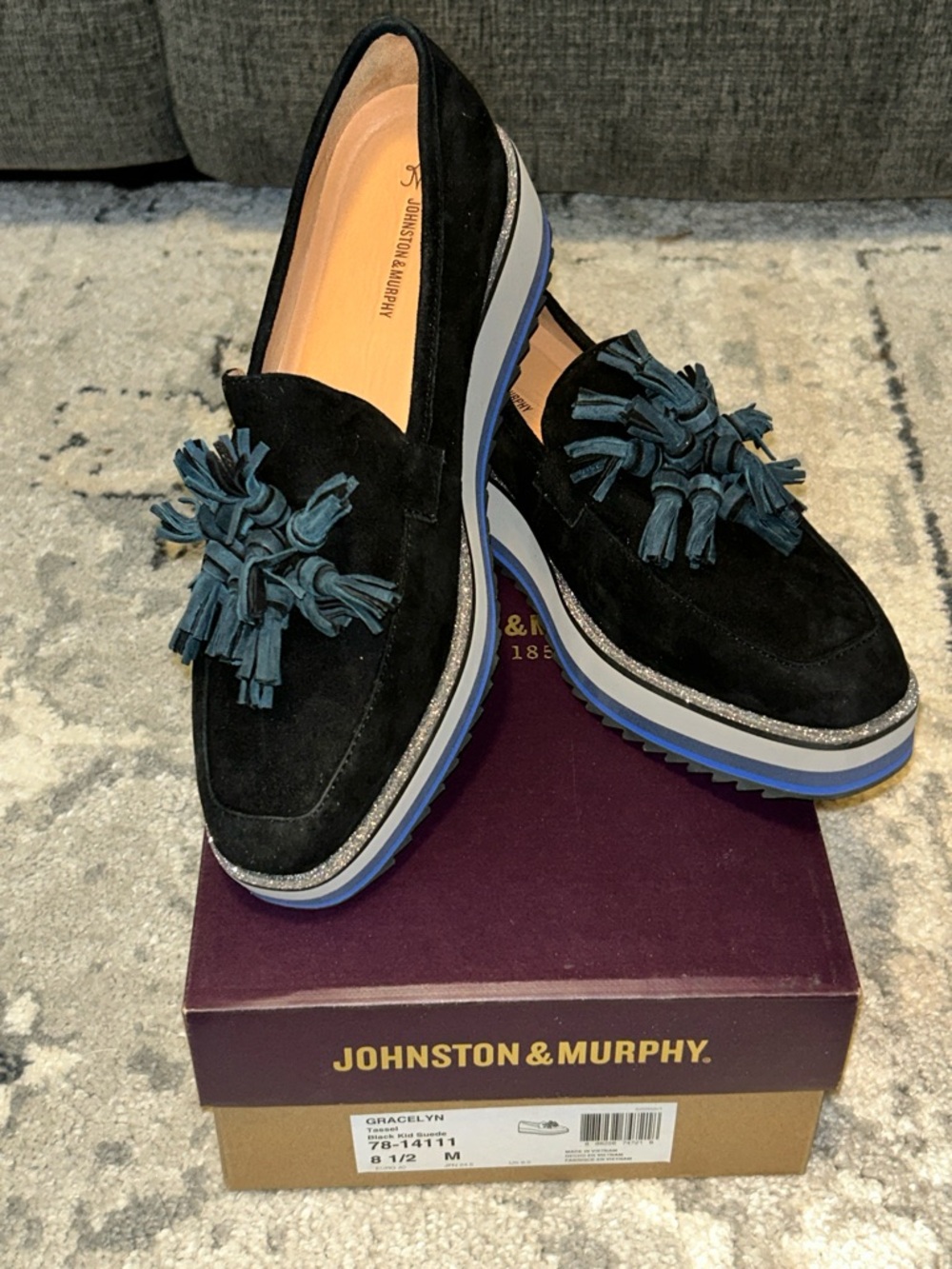 Johnston & Murphy Black Suede Tassel Loafers with Blue Accents